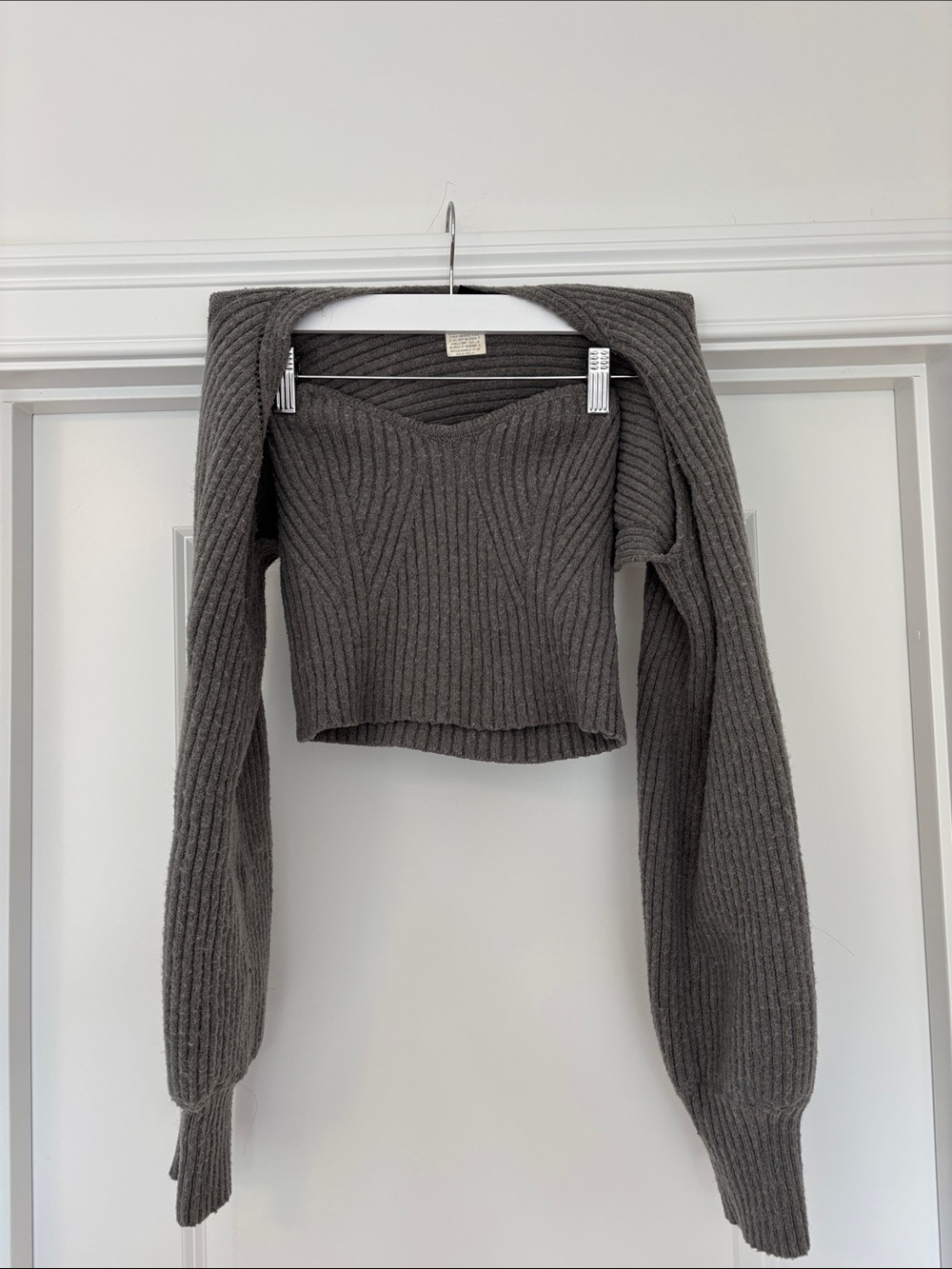 Ribbed Cropped Balloon Sleeve Two Piece Sweater Set - Charcoal
